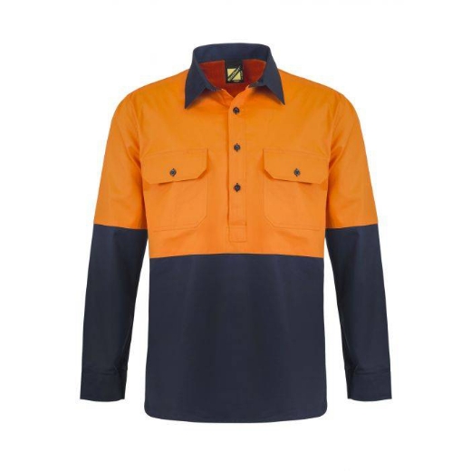 Picture of WorkCraft, Lightweight Hi Vis Two Tone Half Placket Vented Cotton Drill Shirt W Semi Gusset Sleeves
